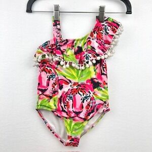 Betsey Johnson Kids Girls Neon Tiger One Piece Swimsuit Pom Pom Ruffle 3T